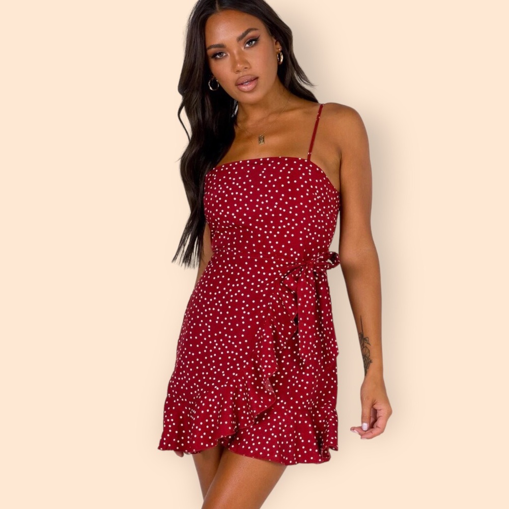 Princess Polly Caesura Mini Dress Wine Polka Dot Wrap Dress Women’s Size 8